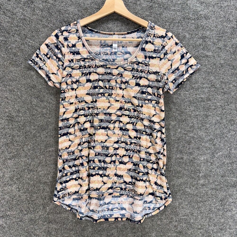 LulaRoe T-Shirt Women XS Black Floral Short Sleeve Round Neck Pullover Rayon